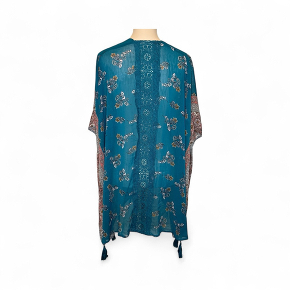 Women's Teal Peach Gold Floral Kimono with Tassels M Lace Open Cardigan - Picture 5 of 5